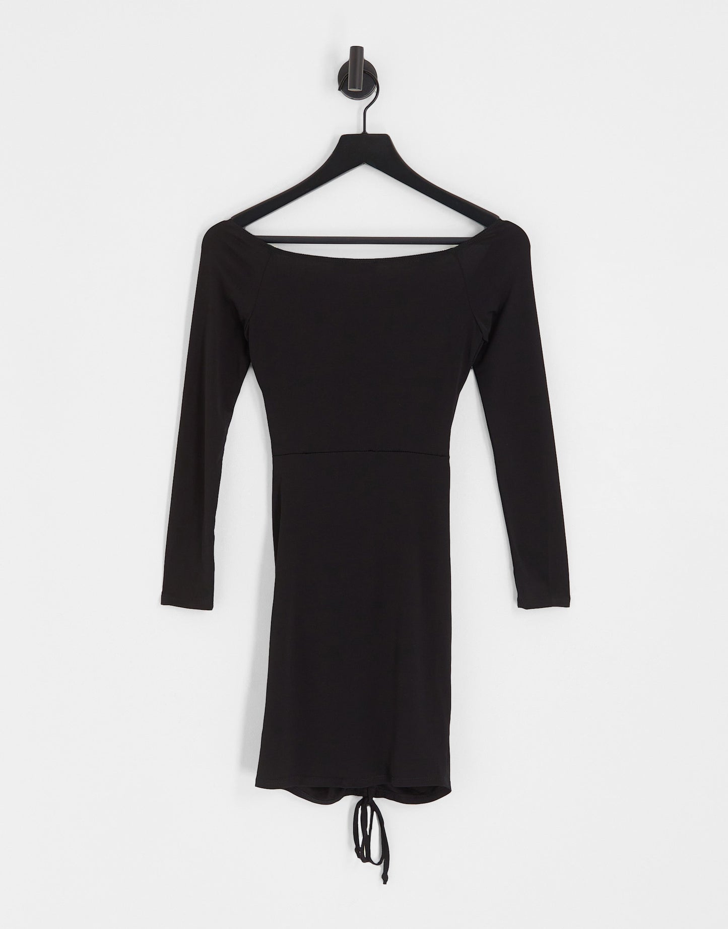 Flounce London ruched bardot bodycon mini dress in black