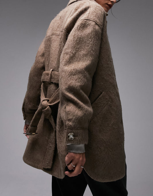 Topshop belted brushed shacket in mink