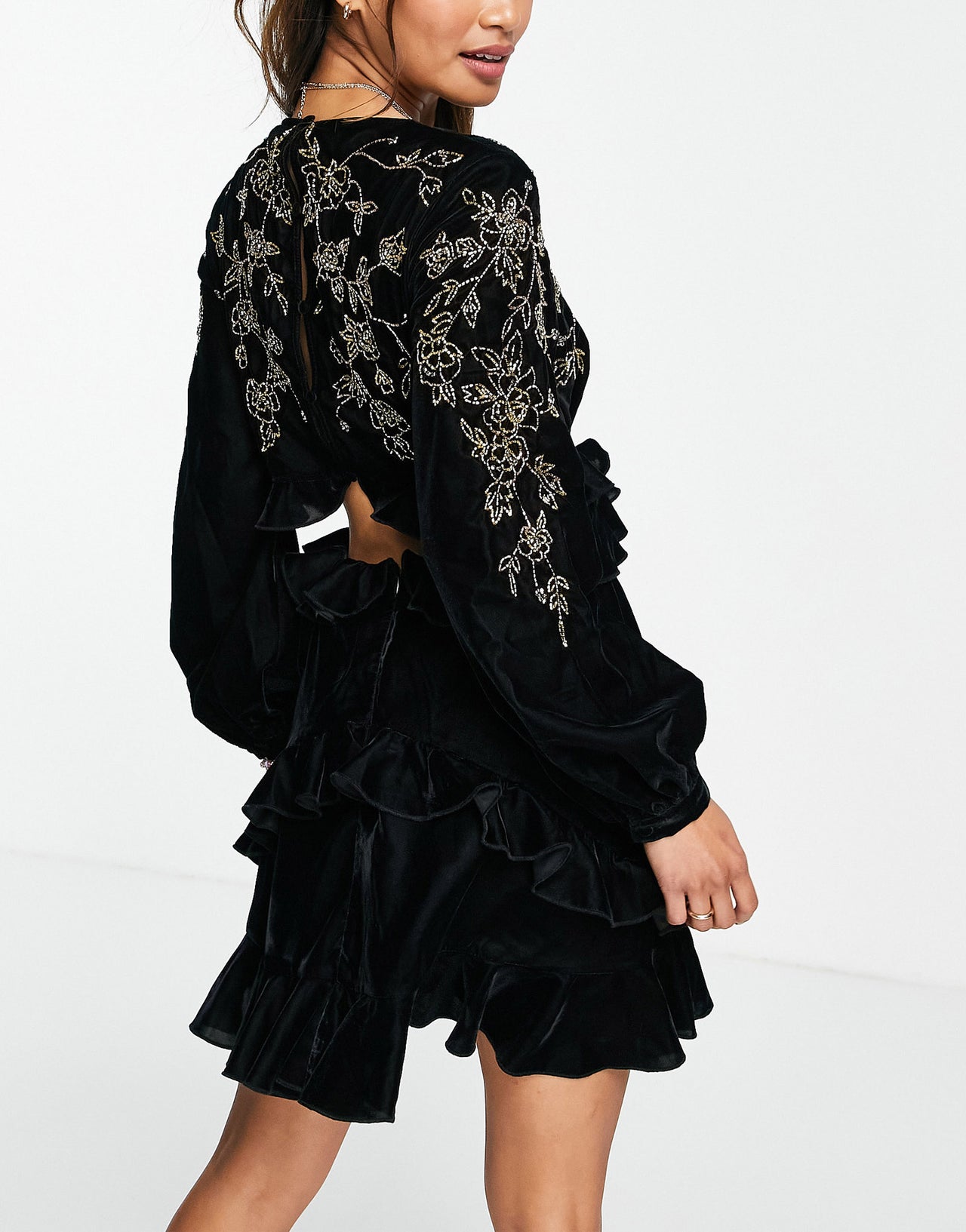 ASOS DESIGN velvet ruffle mini dress with stencil floral embellishment and open back
