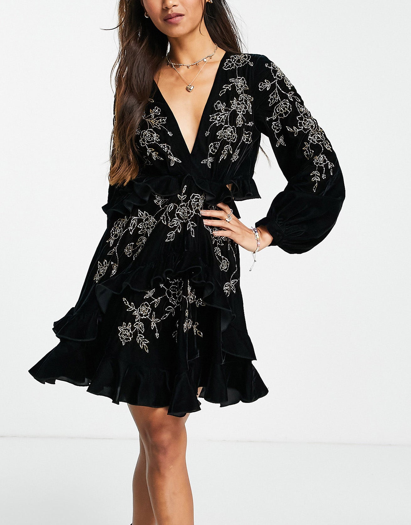 ASOS DESIGN velvet ruffle mini dress with stencil floral embellishment and open back