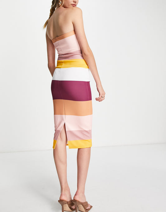 ASOS DESIGN bandeau pencil midi dress in multi stripe print