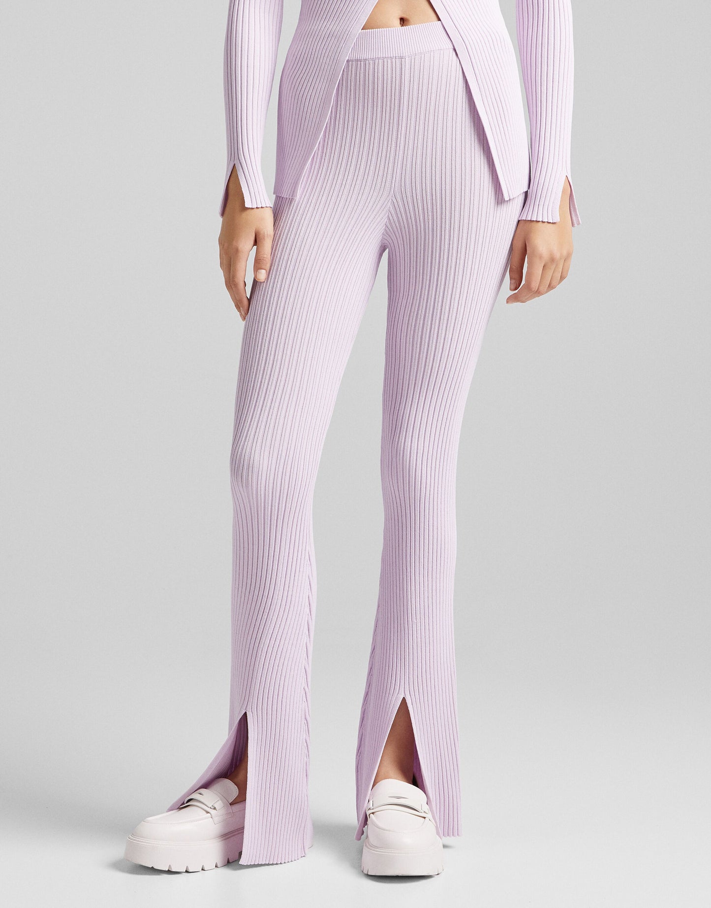 Bershka knitted rib detail trousers with split detail in lilac