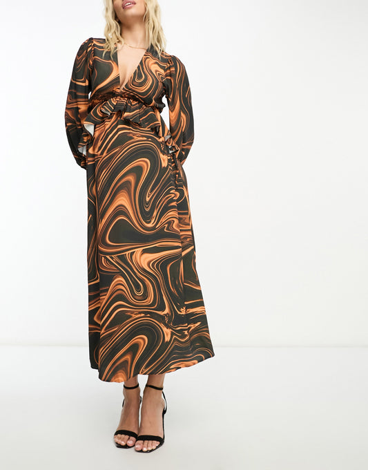 Queen Bee Maternity ruched long sleeve dress in swirl print