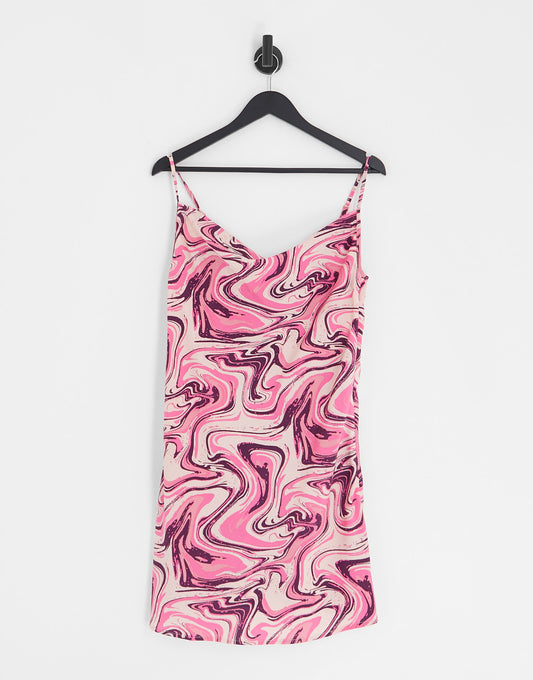 Vero Moda cowl neck satin mini dress in pink print  - MULTI