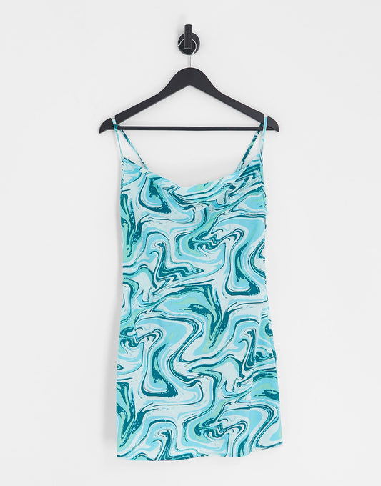 Vero Moda Petite cowl neck satin mini dress in blue print