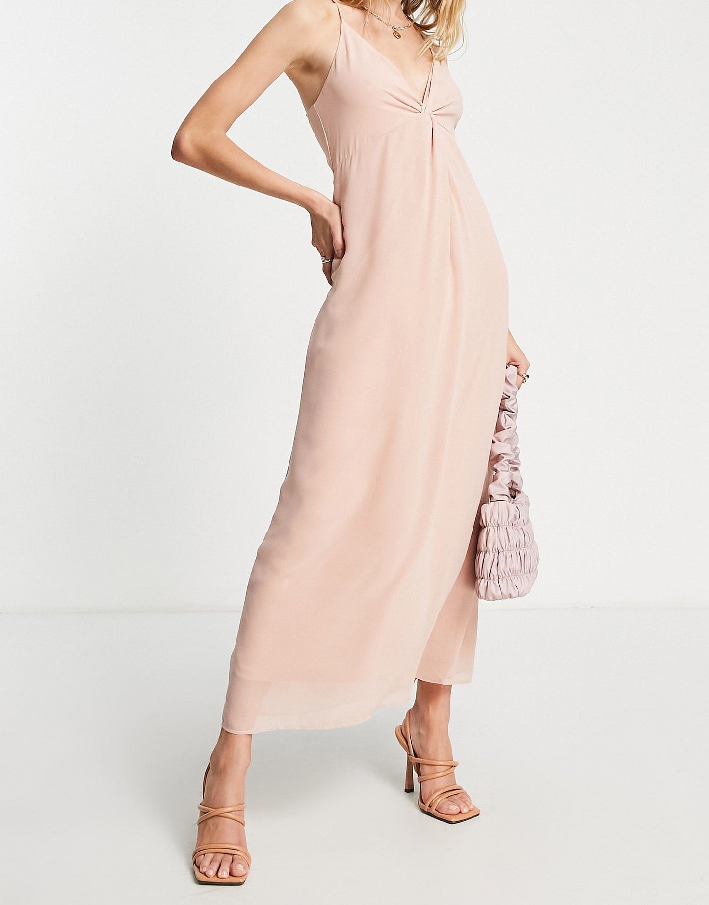 Vila bridesmaids midi dress with twist front in light pink