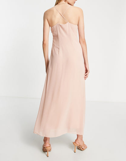 Vila bridesmaids midi dress with twist front in light pink