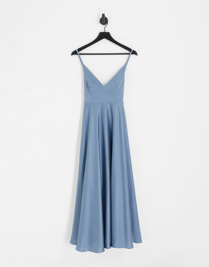 ASOS DESIGN Bridesmaid satin midi dress with tie back in dusky blue