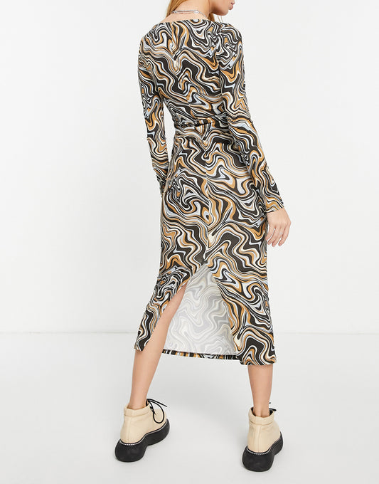 Bershka retro print loop front cut out detail midi dress in brown multi