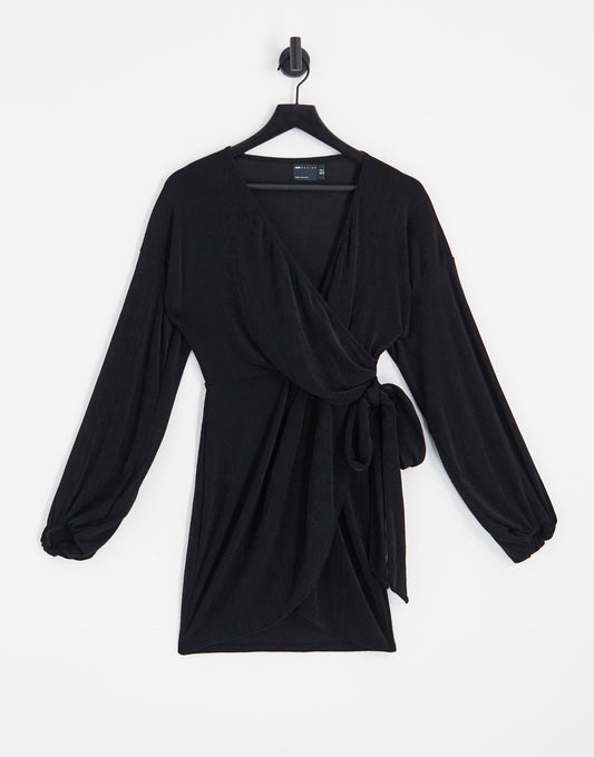 ASOS DESIGN wrap slinky blouson sleeve mini dress in black