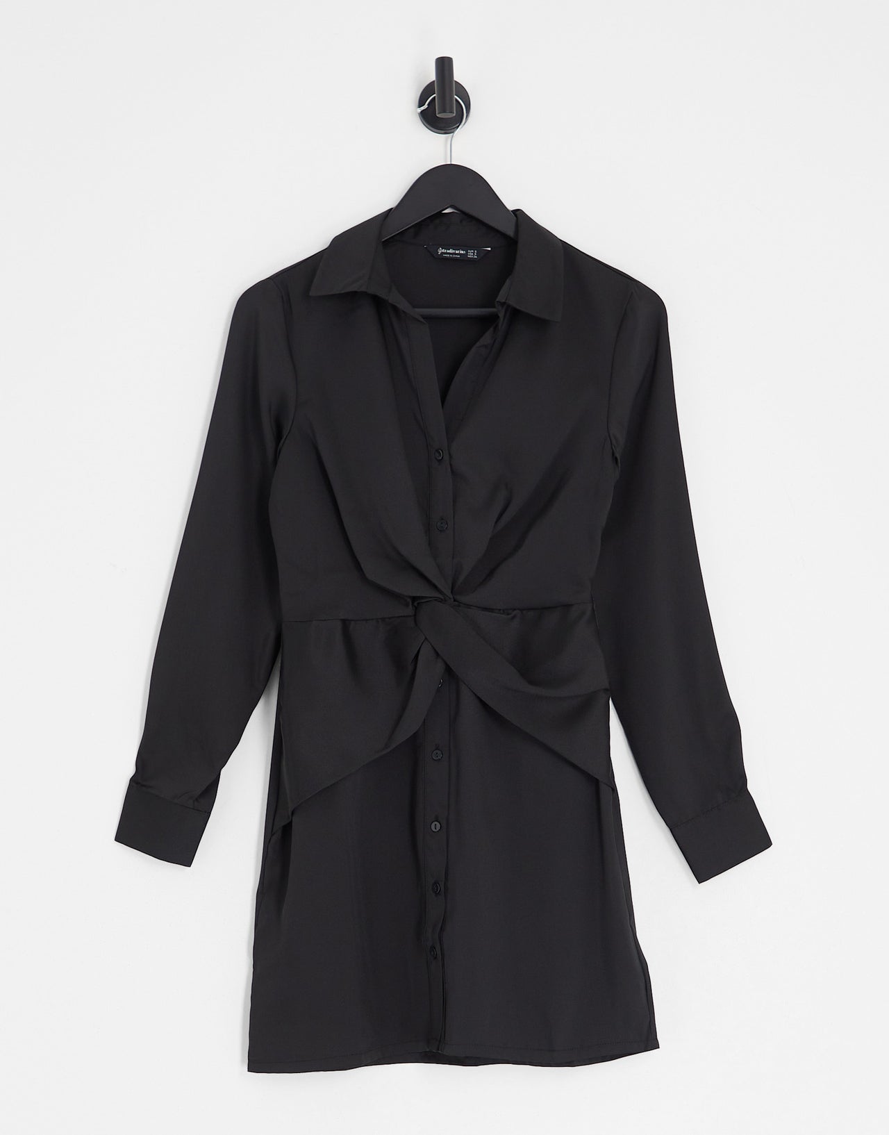Stradivarius twist detail satin shirt dress in black