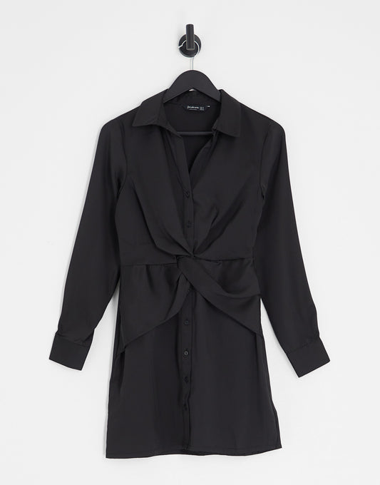 Stradivarius twist detail satin shirt dress in black