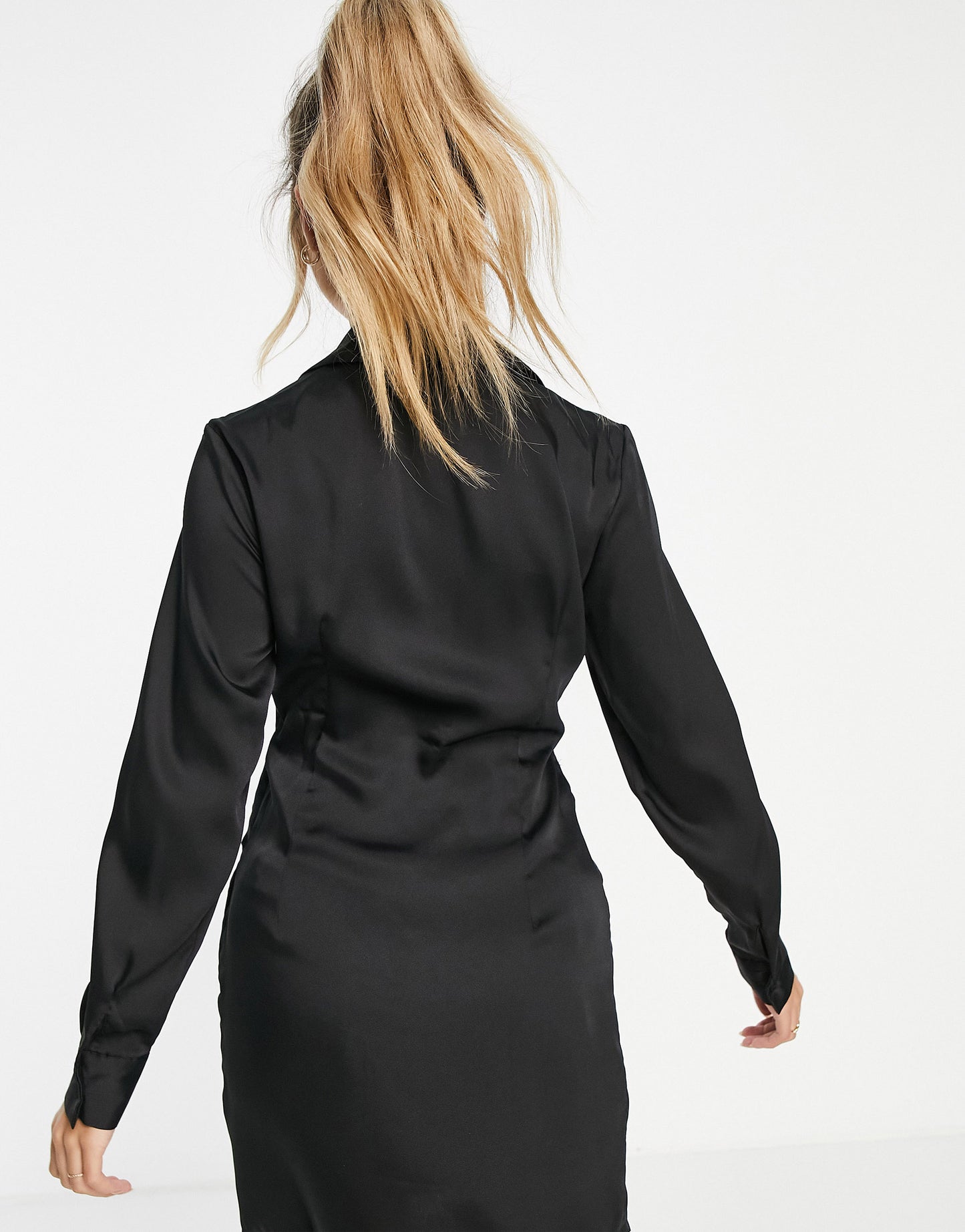 Stradivarius twist detail satin shirt dress in black