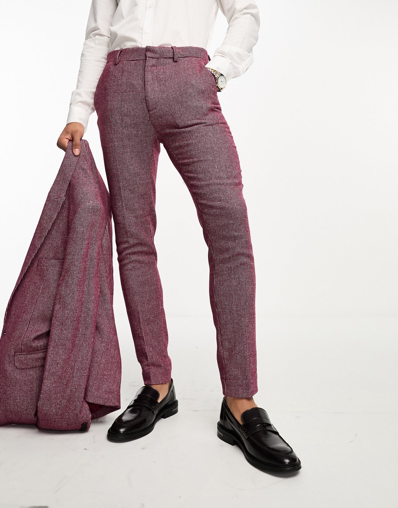 ASOS DESIGN wedding super skinny wool mix puppytooth suit trousers in burgundy