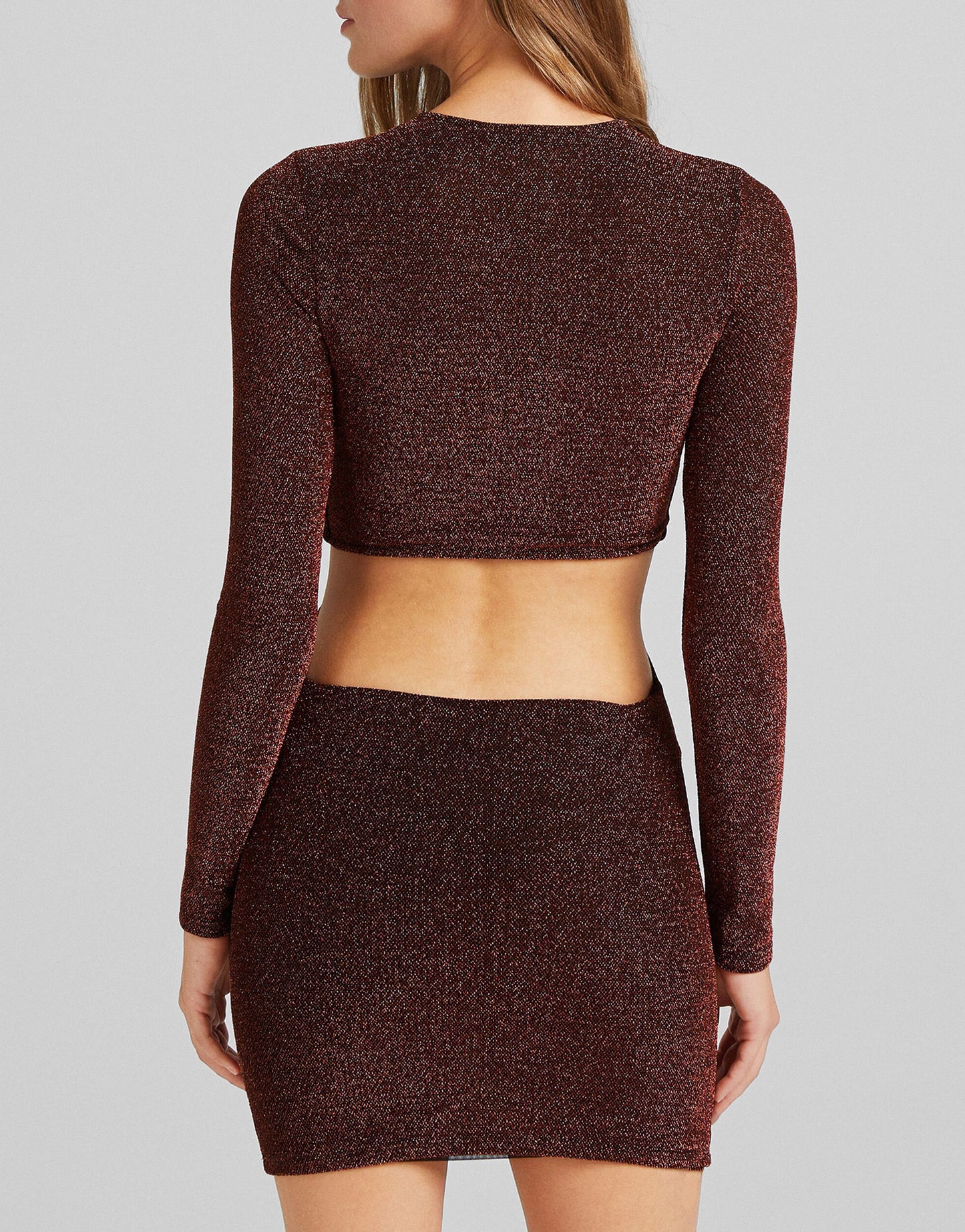 Bershka cut out twist detail glitter dress in copper