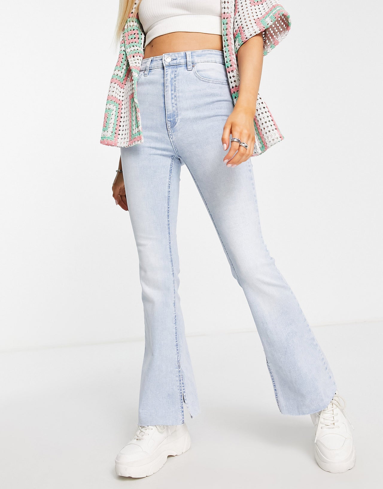 Stradivarius stretch flare jean with split detail in medium blue
