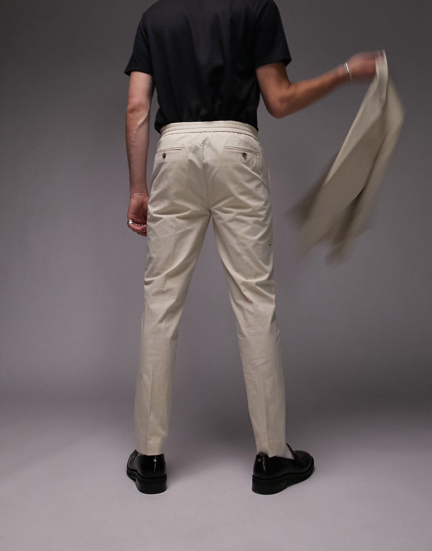 Topman skinny washed cotton suit trousers with elasticated waist in ecru