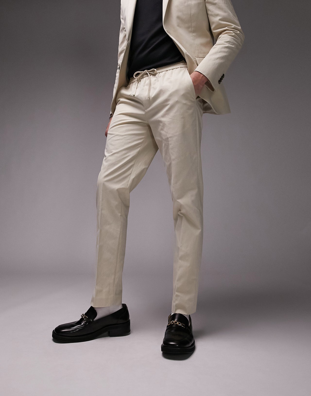 Topman skinny washed cotton suit trousers with elasticated waist in ecru