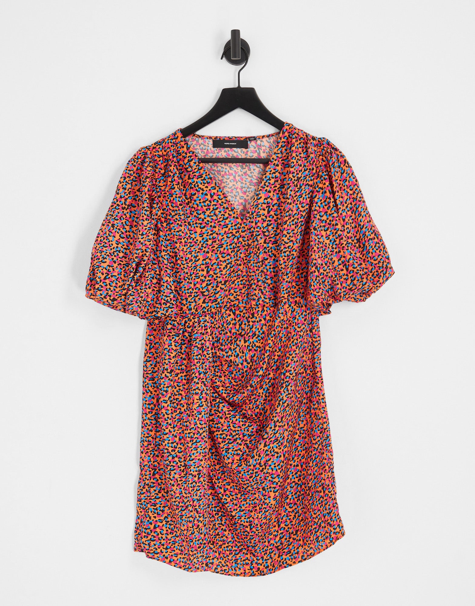 Vero Moda satin wrap front mini dress in bright leopard print