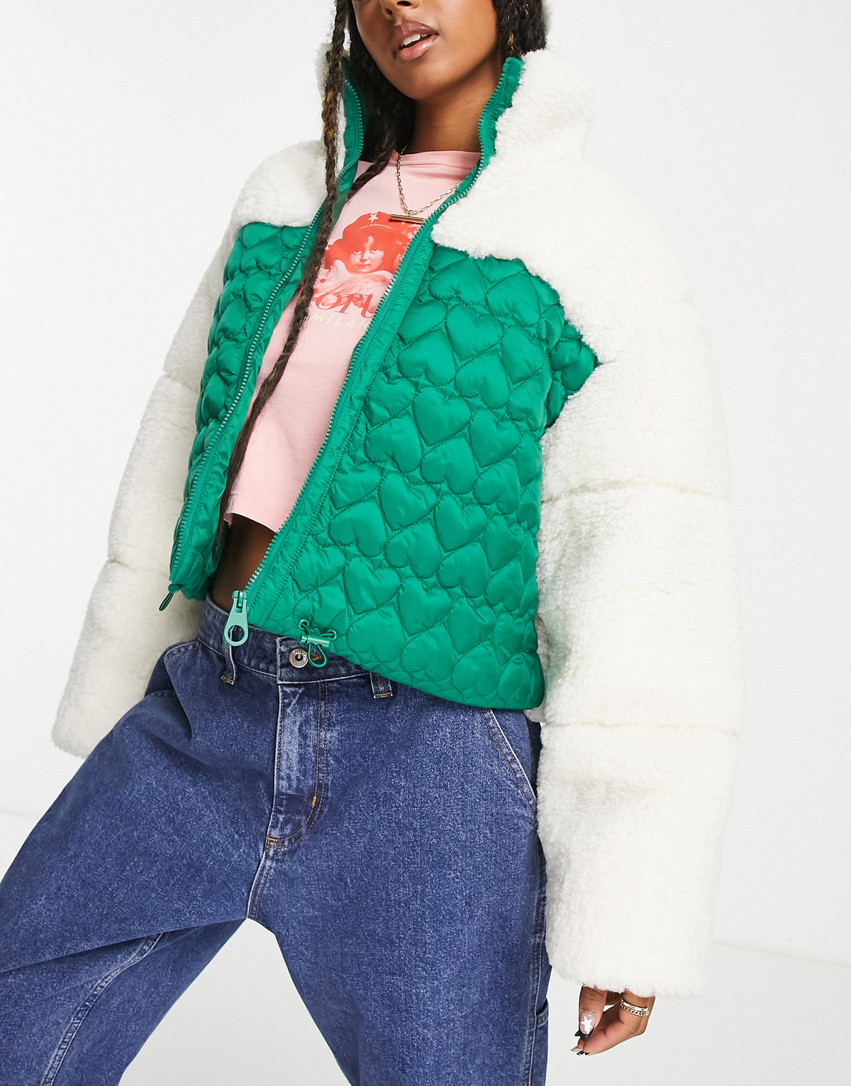 ASOS DESIGN heart quilted padded borg jacket in green