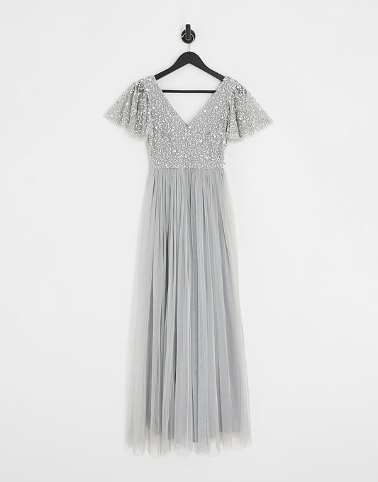 Beauut Petite Bridesmaid emellished bodice maxi dress with flutter sleeve in grey