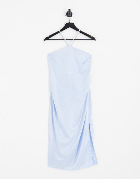 Vila satin midi halterneck dress in blue