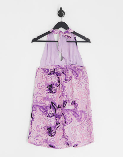 Pieces exclusive halterneck mini dress in bright purple swirl