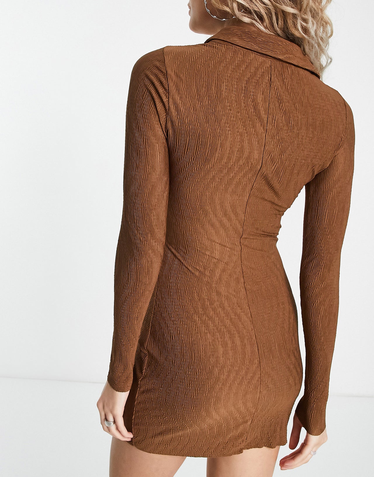 Pull&Bear ruched front long sleeve polo mini dress in brown