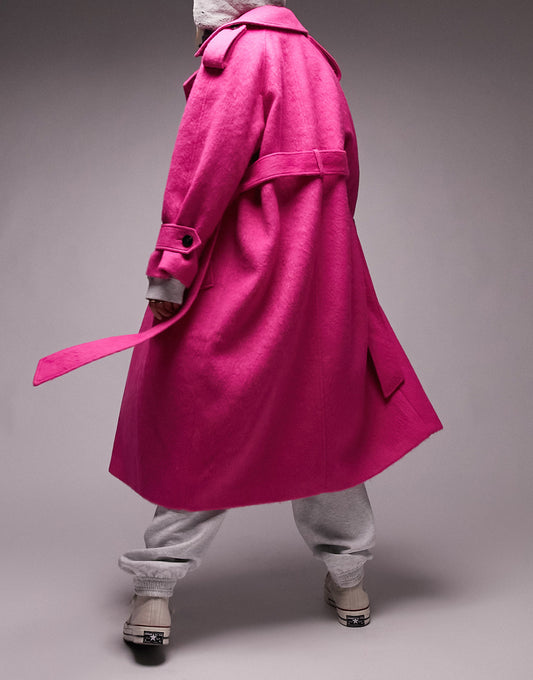 Topshop super oversized brushed trench coat in bright pink