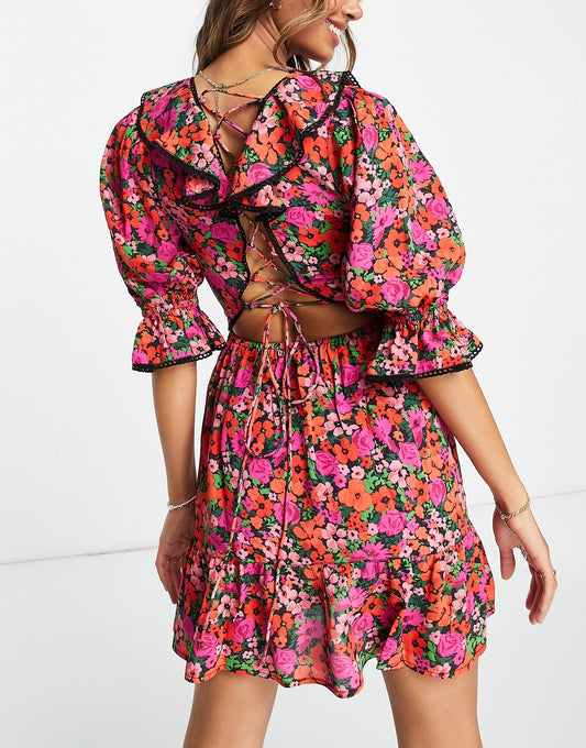 Miss Selfridge trim detail ruffle mini tea dress in multi cluster floral