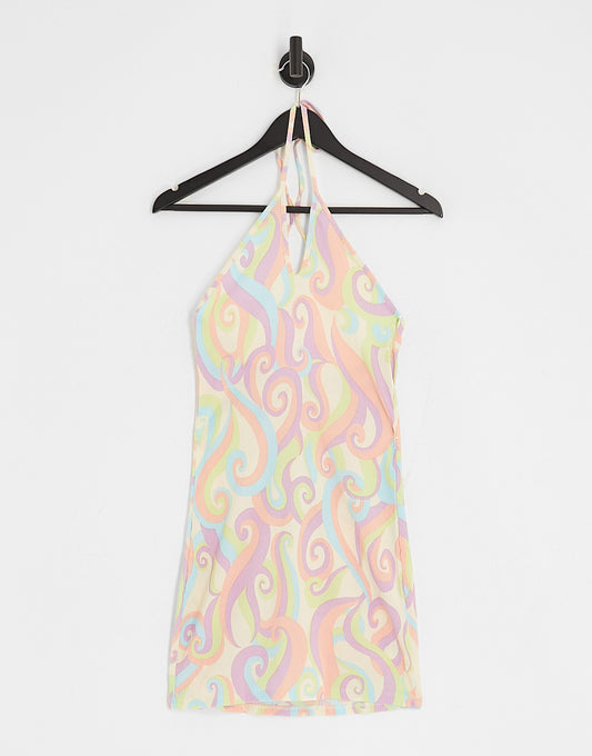 Monki swirl print halterneck mini dress in multi