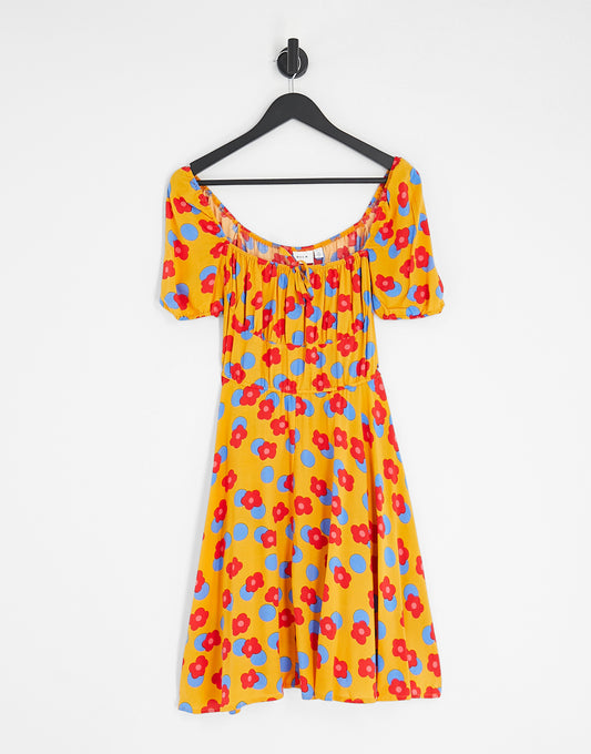 Vila mini dress with bust detail in orange retro floral