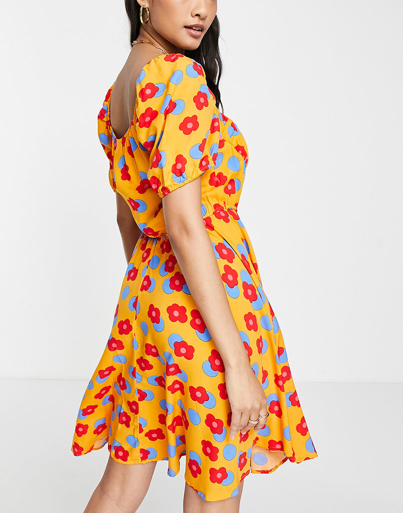 Vila mini dress with bust detail in orange retro floral