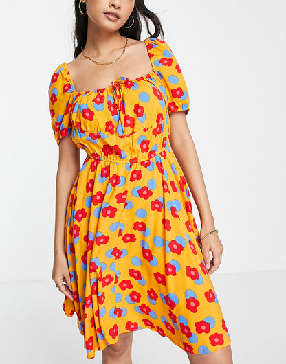 Vila mini dress with bust detail in orange retro floral