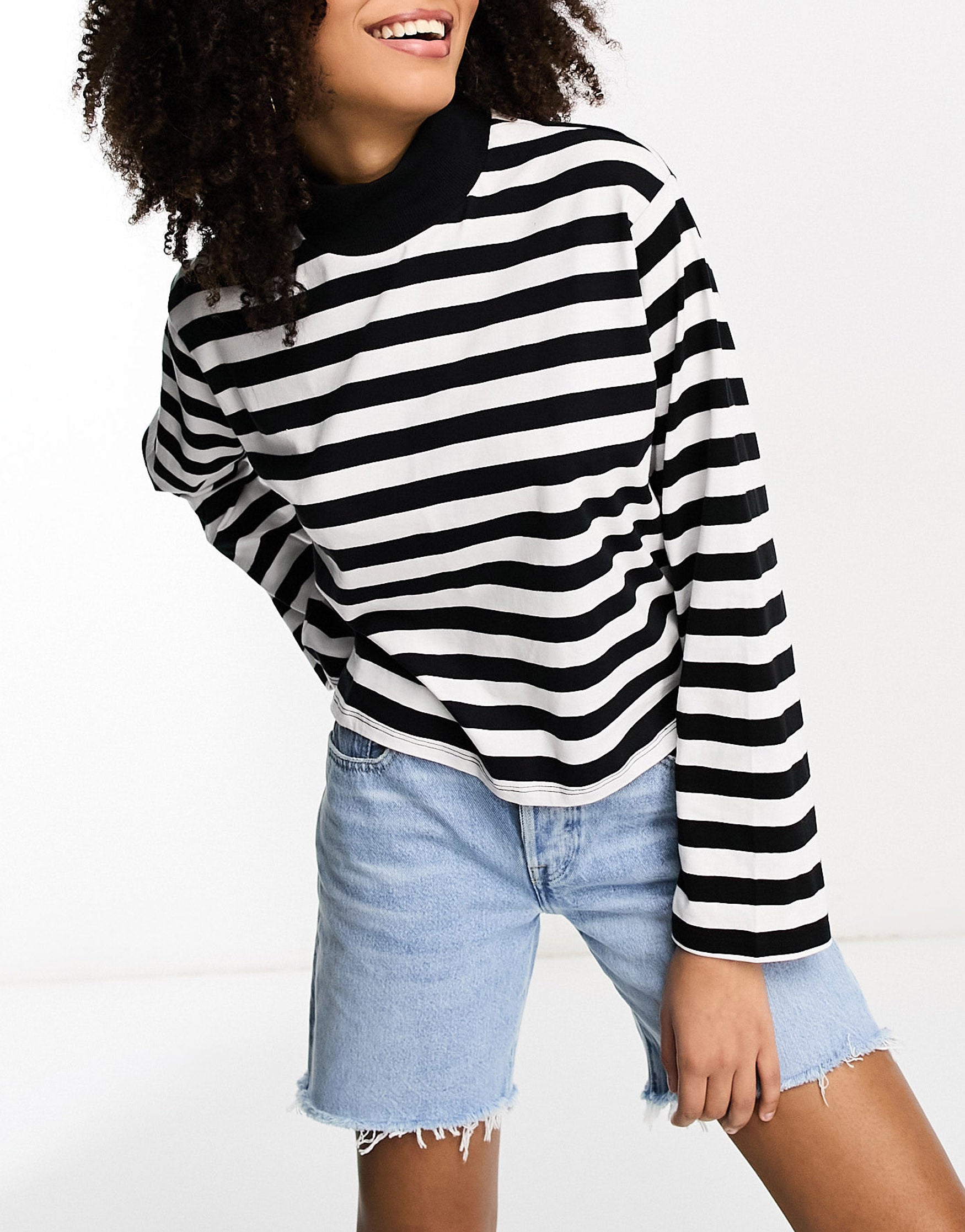ASOS DESIGN high neck boxy long sleeve top in mono stripe