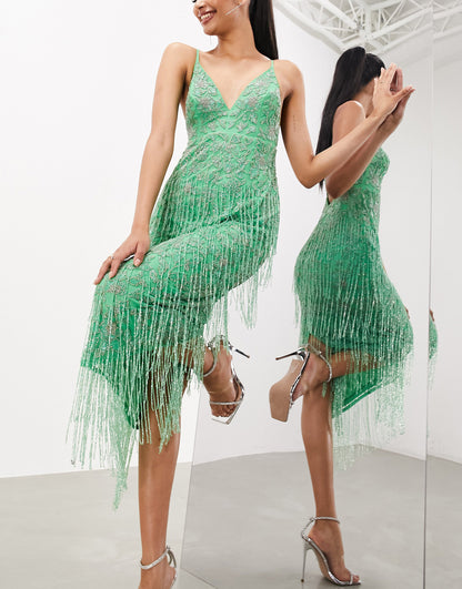 ASOS EDITION floral midi dress with beaded fringe in green