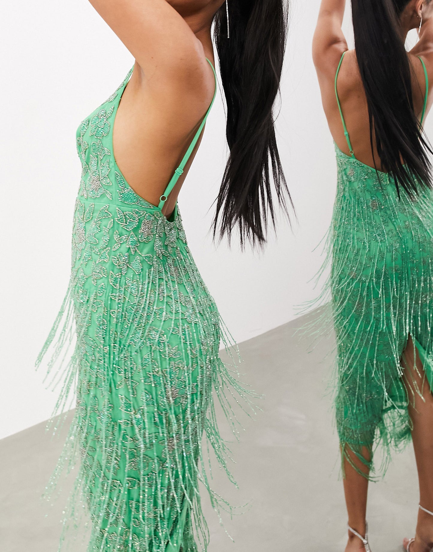 ASOS EDITION floral midi dress with beaded fringe in green