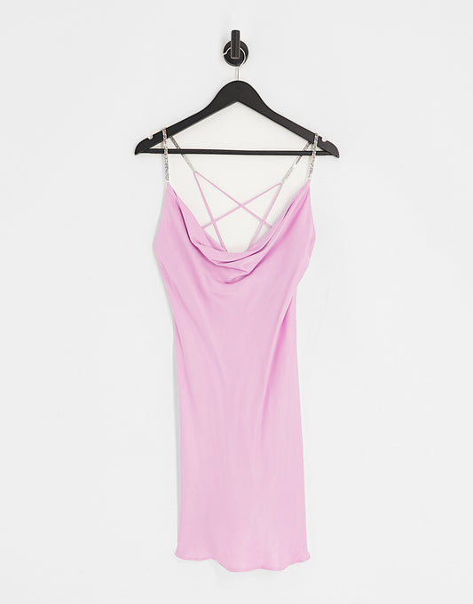 Bershka multi colour diamante strap detail satin mini dress in light pink