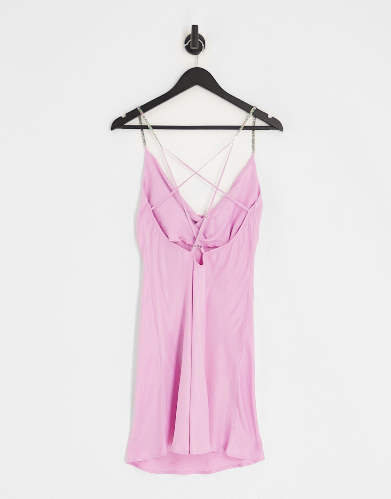 Bershka multi colour diamante strap detail satin mini dress in light pink