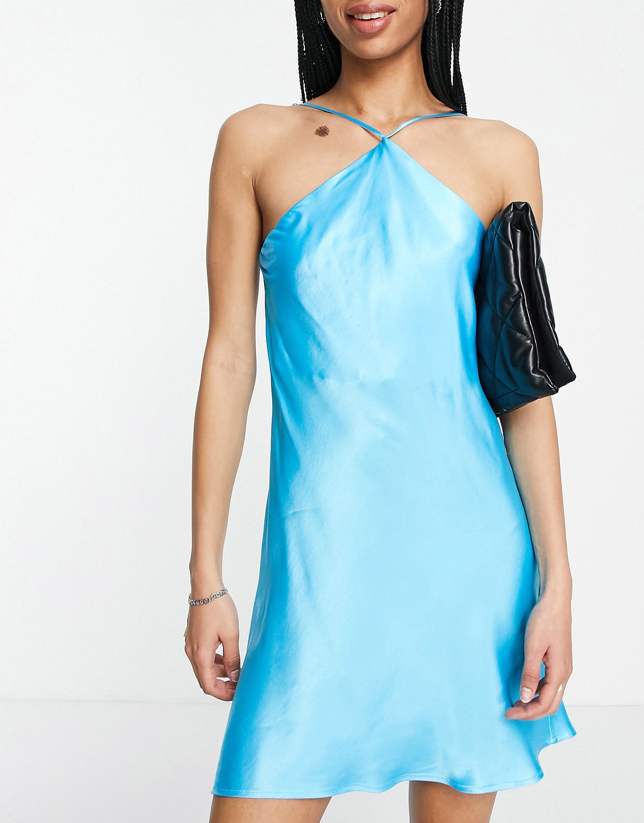 Bershka halterneck strap open back satin dress in soft blue