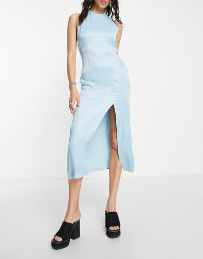 Bershka halterneck occasion midi dress in satin blue