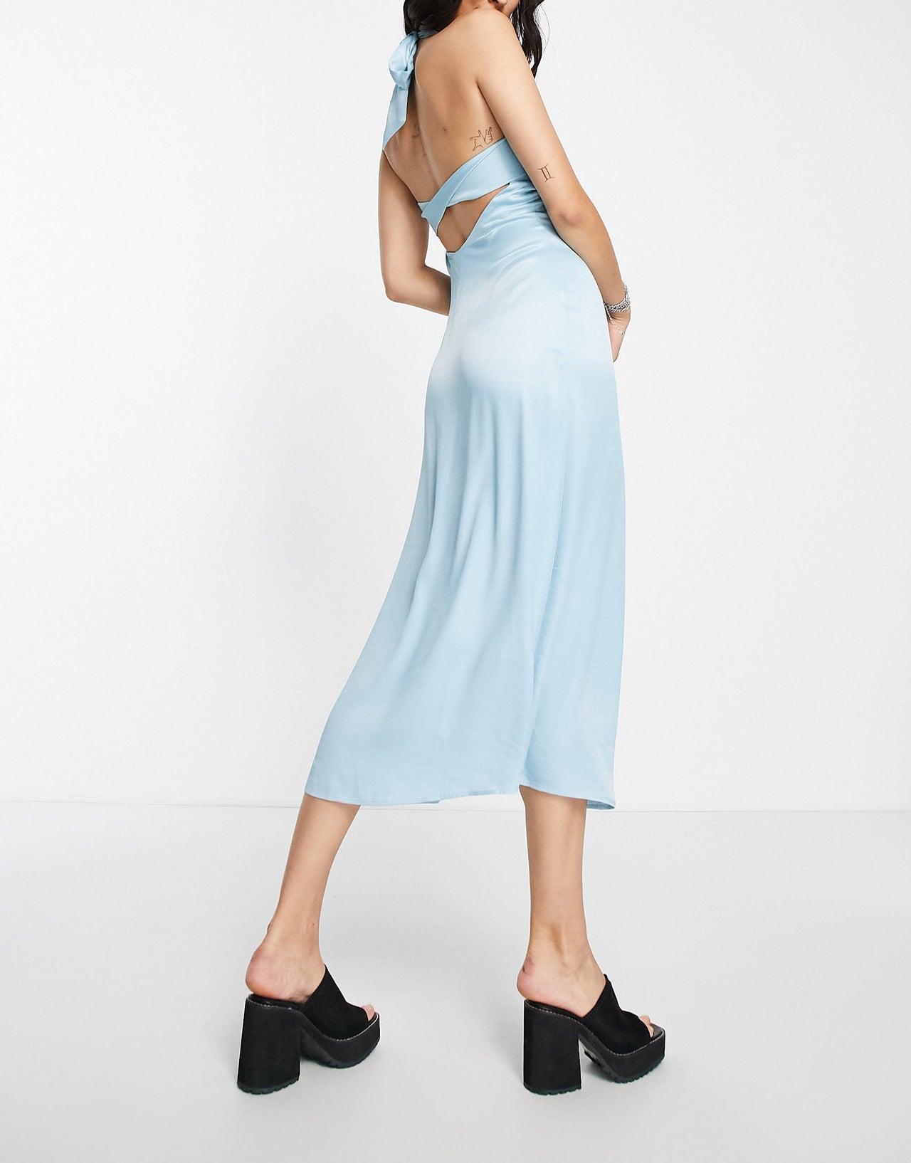 Bershka halterneck occasion midi dress in satin blue
