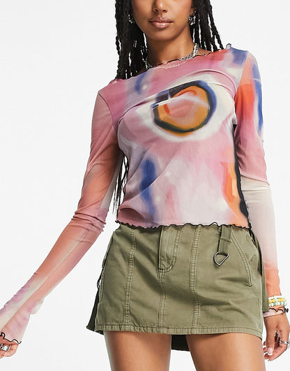 Zemeta fitted mesh long sleeve top in wavy galaxy print