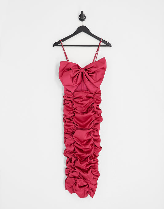 Band Of Stars premium ruched satin bow front midi dress with diamonte straps in berry