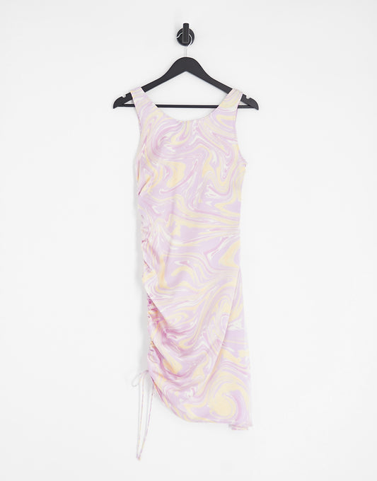 Pieces satin ruched mini dress in lilac swirl print