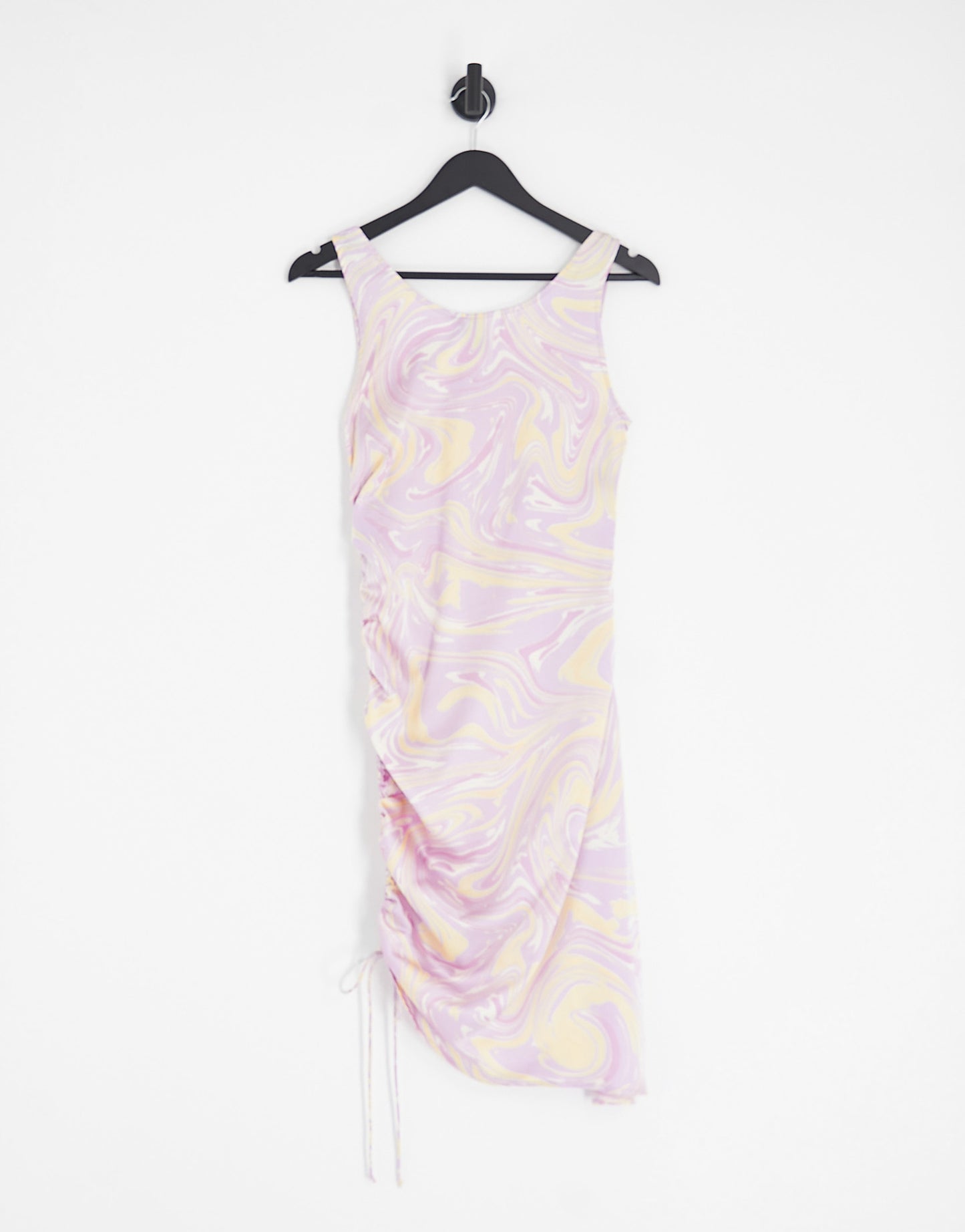 Pieces satin ruched mini dress in lilac swirl print