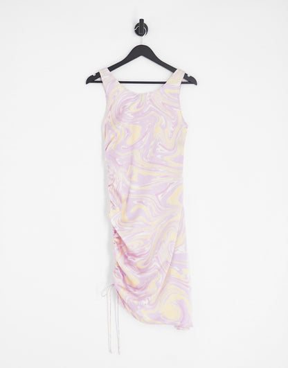 Pieces satin ruched mini dress in lilac swirl print
