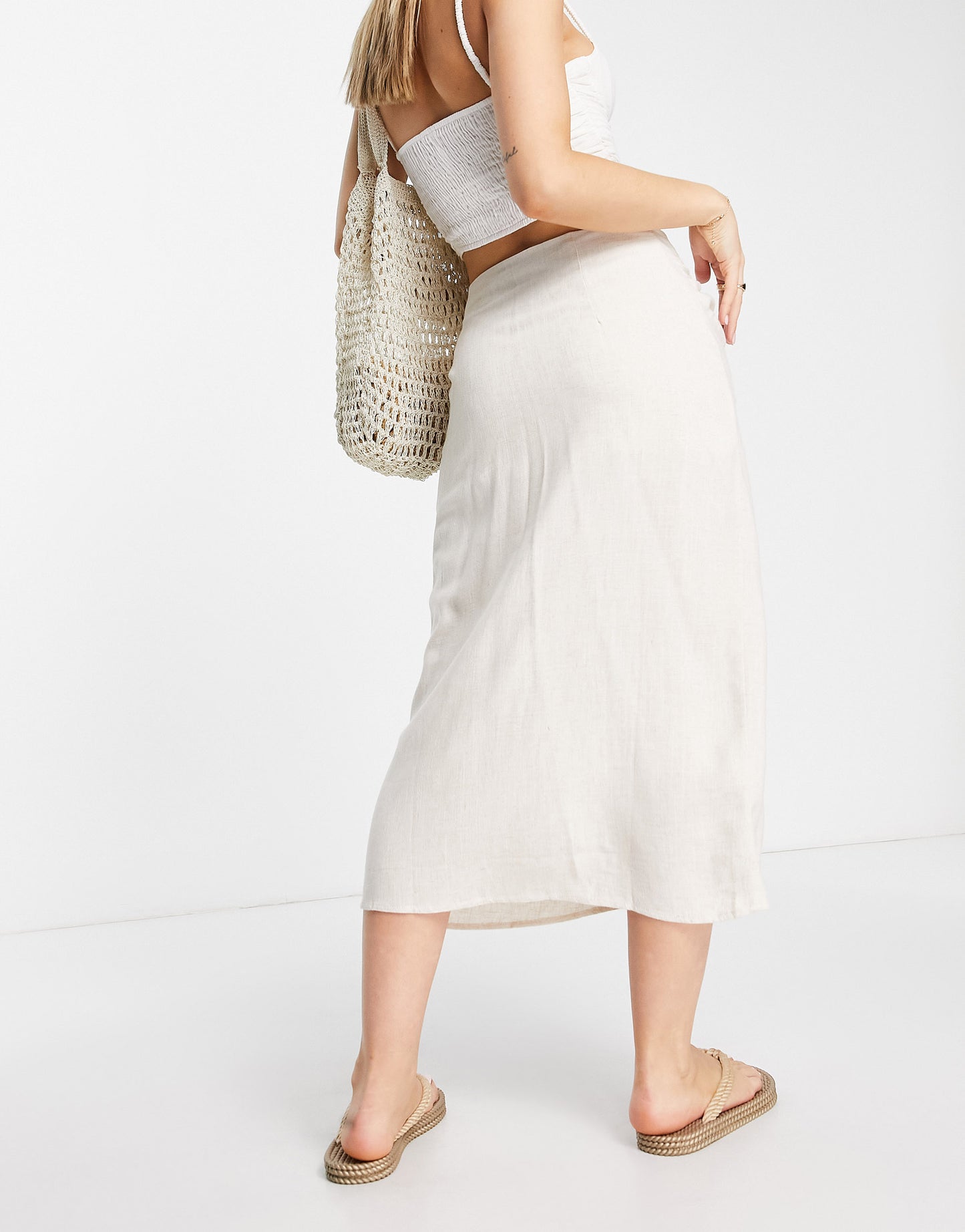 Stradivarius rustic midi skirt with ring detail in natural