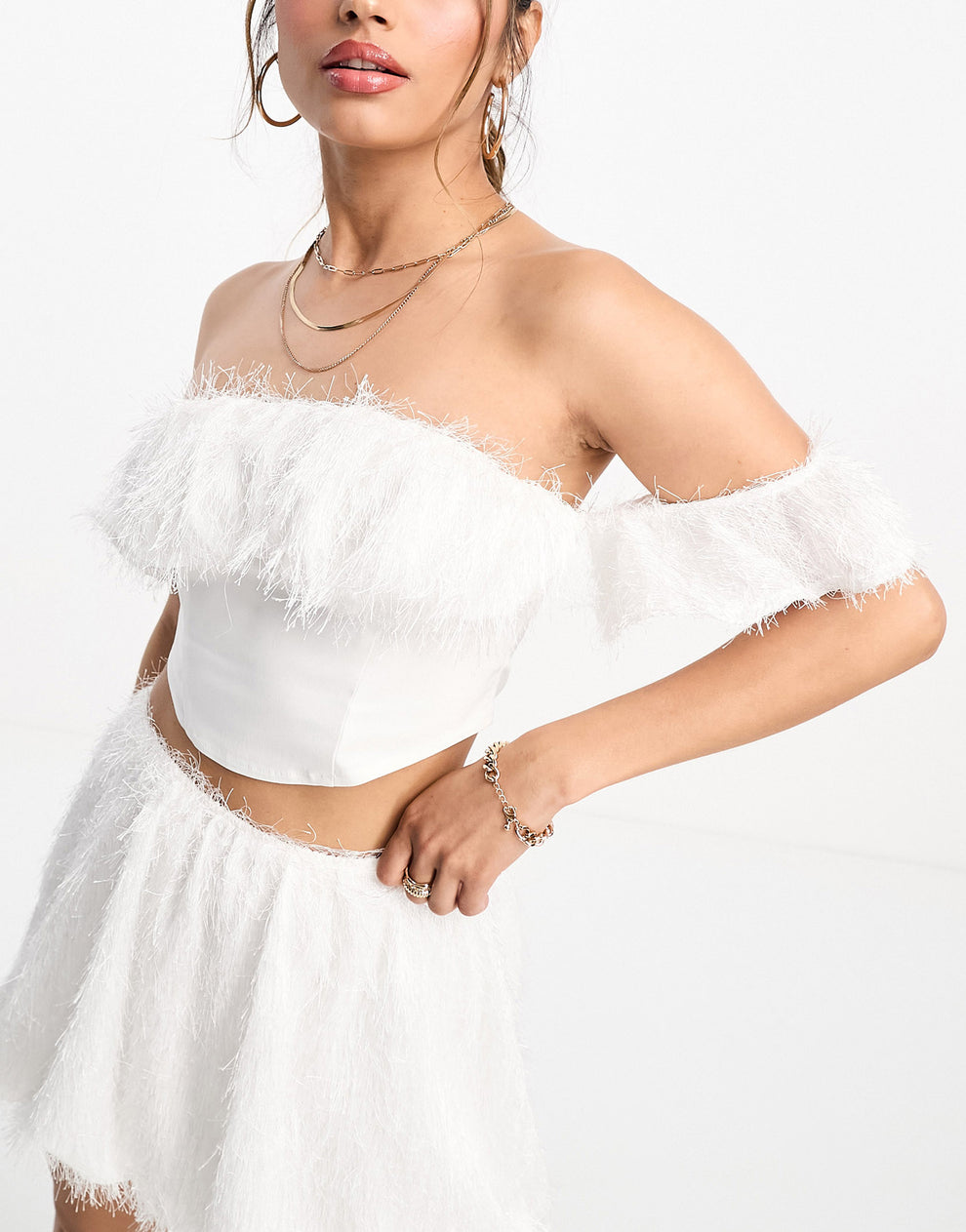 ASOS DESIGN fluffy detail corset crop top coord in white ASOS Sample