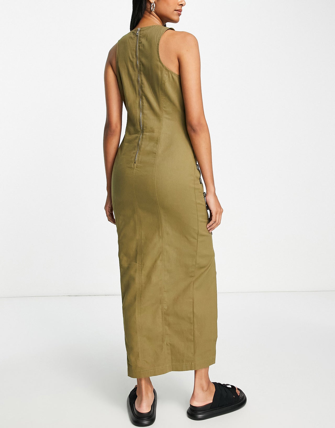 ASOS DESIGN asymmetric horn button twill maxi dress with split detail in khaki